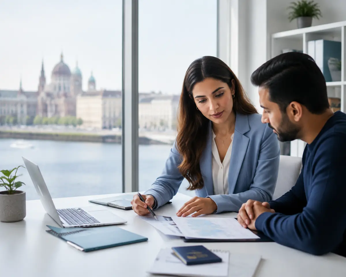 Consultant reviewing a European travel application with a client