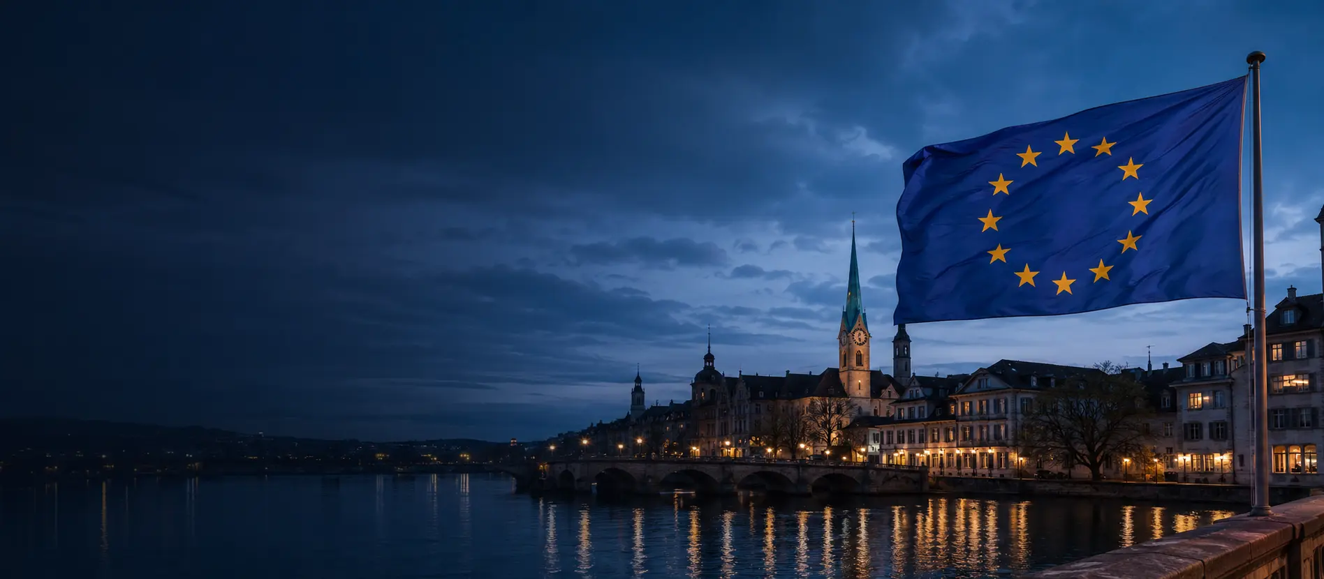 European riverside city with a blue flag representing Schengen travel